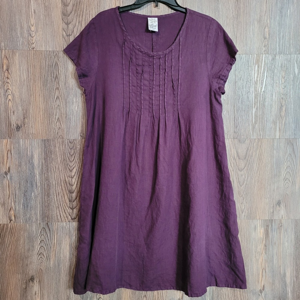 Match Point Pleated Linen A-Line Dress Size L Plum Purple Minimalist Lagenlook